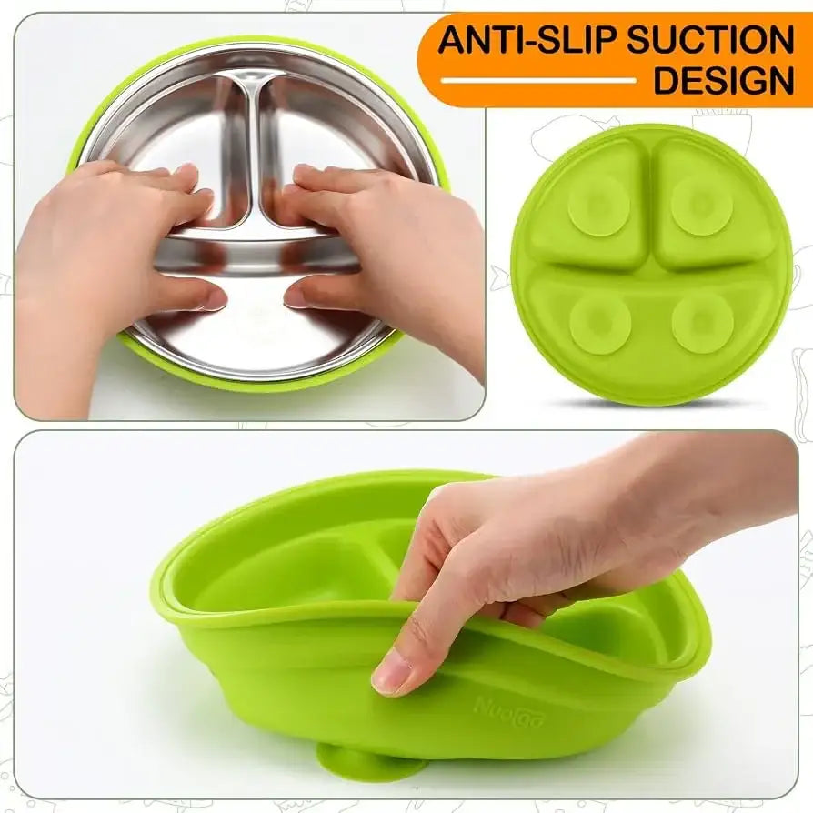 View of a green Nuogu stainless steel baby suction plate with silicone shell showcasing divided sections and anti slip suction design