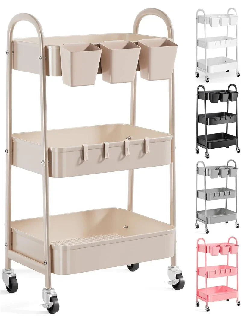 NEW 3 Tier Khaki Metal Utility Rolling Cart