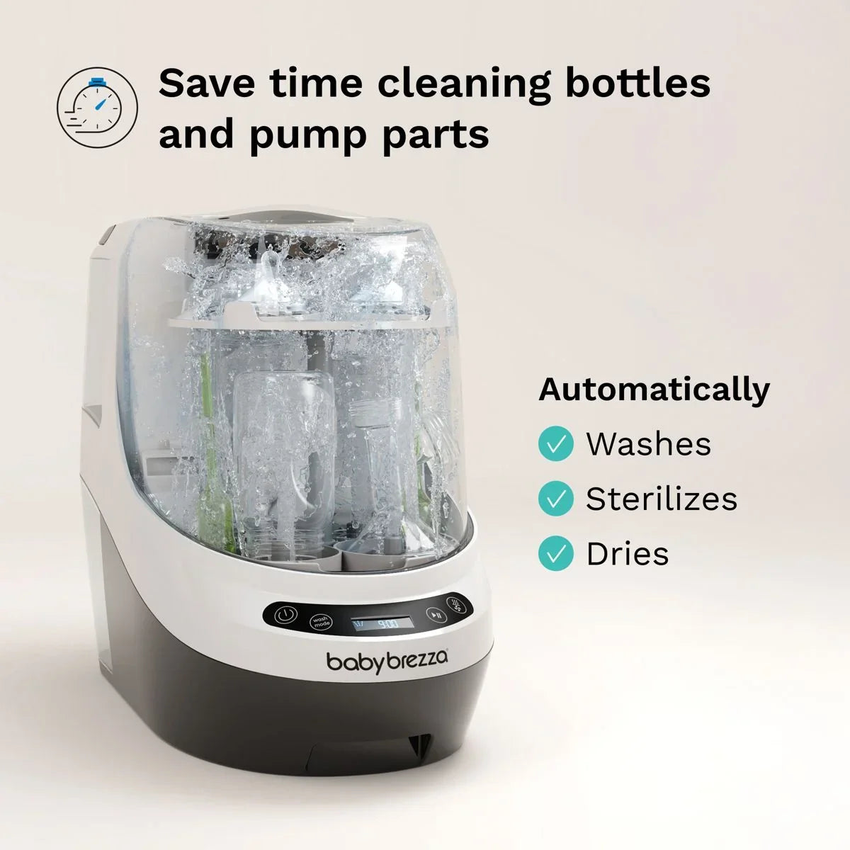 Angled front view of Baby Brezza Bottle Washer Pro showing automatic wash, sterilize and dry with clear lid
