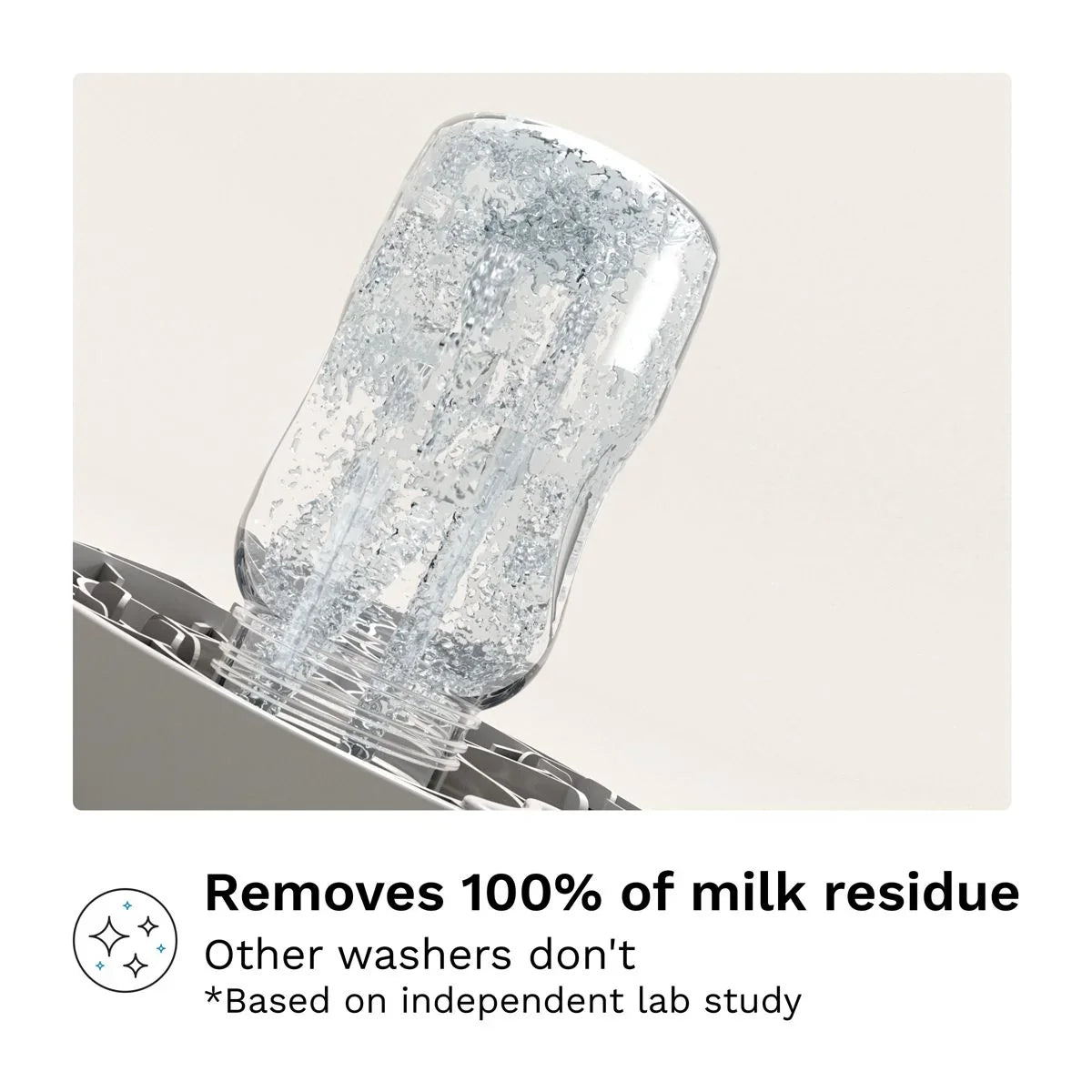 Promotional graphic showing a baby bottle being rinsed and headline Removes 100 percent of milk residue with note based on independent lab study