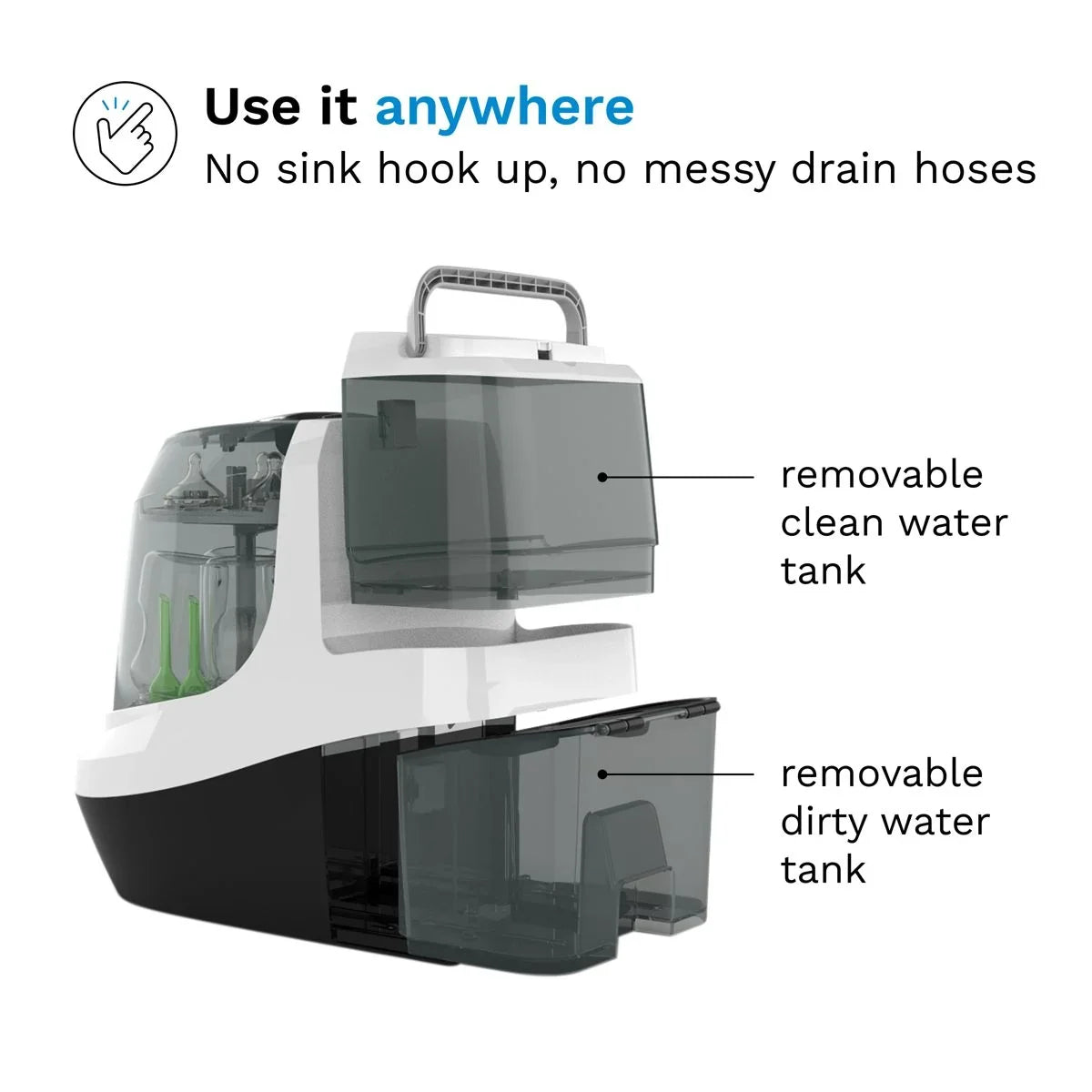 Front-right view of Baby Brezza Bottle Washer Pro showing removable clean and dirty water tanks on white background
