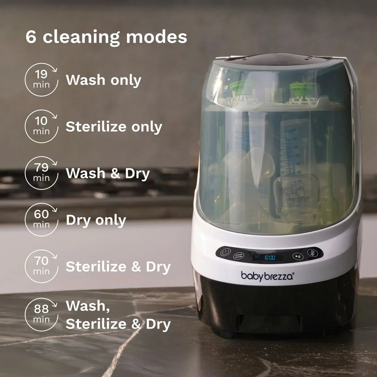 Front view of Baby Brezza Bottle Washer Pro showcasing 6 cleaning modes overlay and digital control panel on a kitchen counter