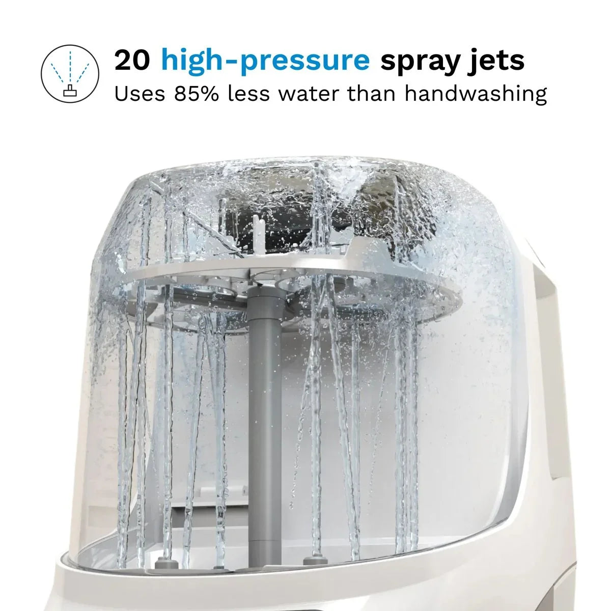 Detail of Baby Brezza Bottle Washer Pro interior showing rotating wash head and 20 high-pressure spray jets, white background