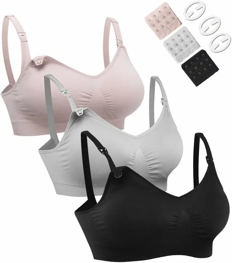 Front view of 3-pack Hofish nursing bras (pink, gray, black) showcasing nursing clasps and included extenders