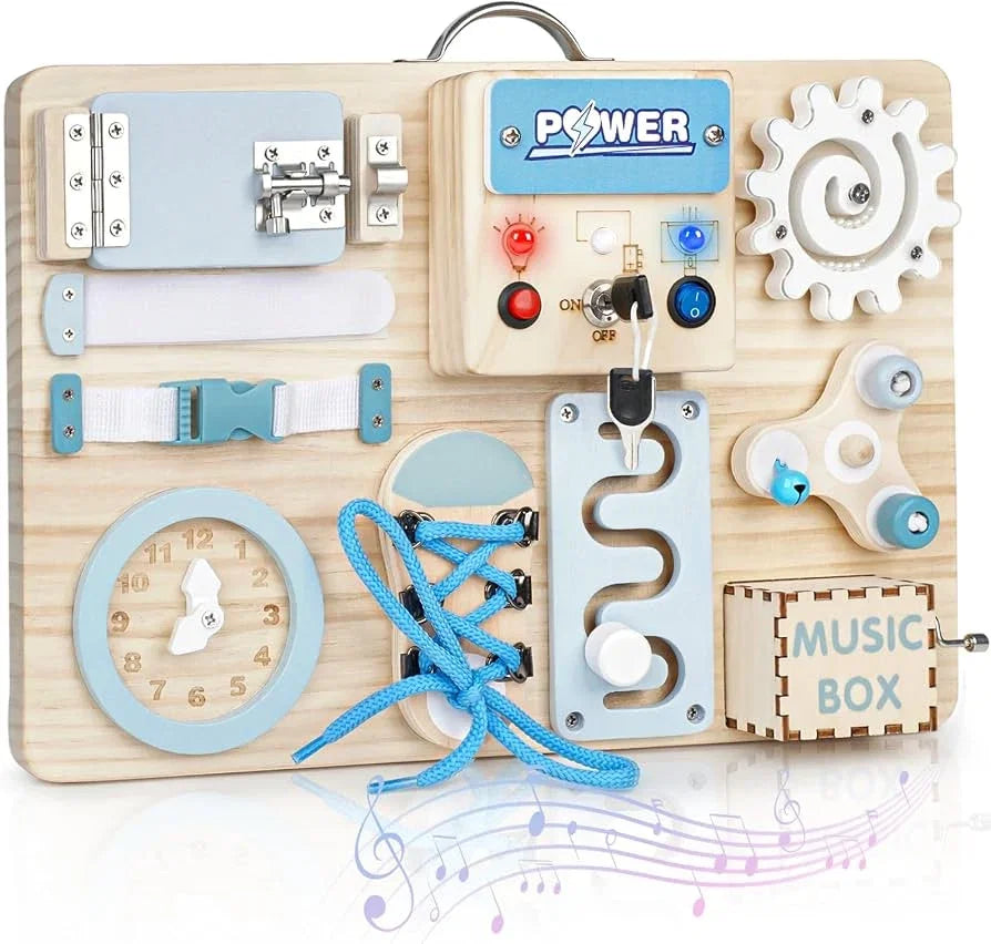 Front view of Joyreal 10-in-1 Montessori wooden busy board showing clock, lace-up shoe, latch locks, gears and music box