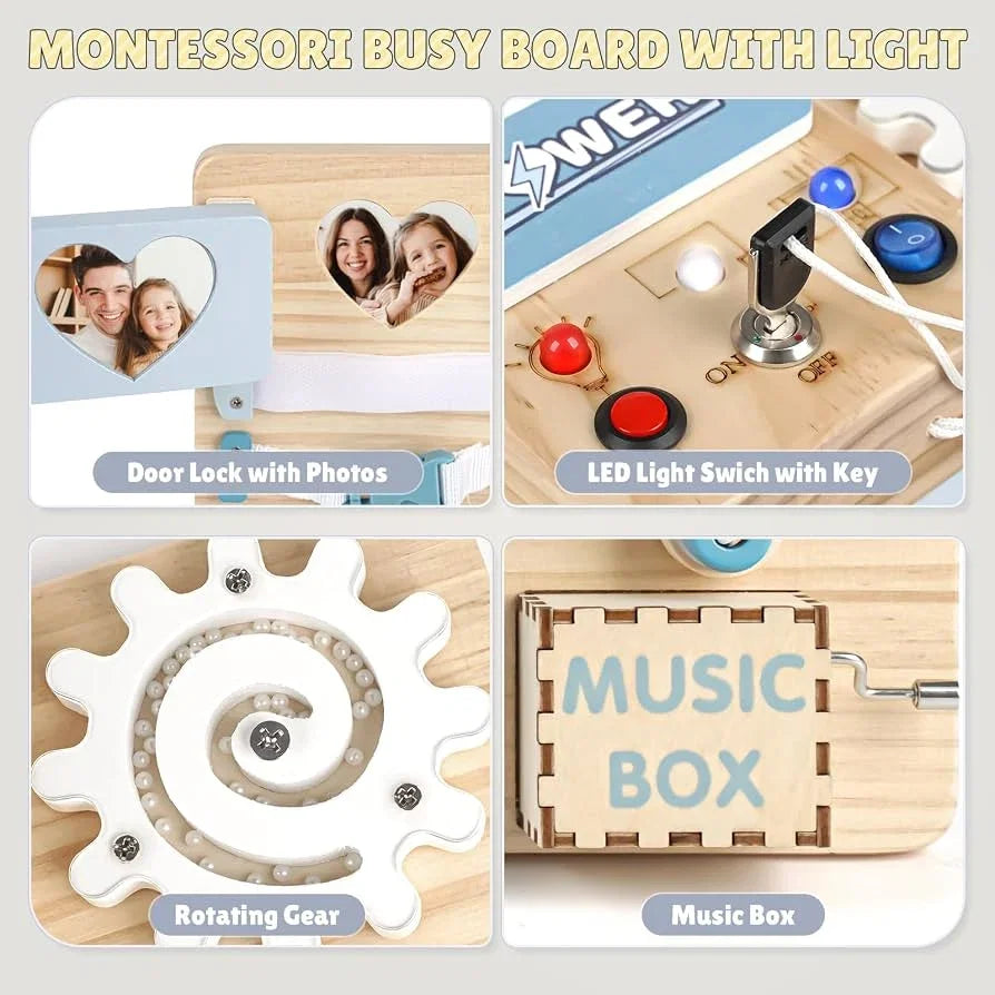 Collage of a Montessori busy board with light showing door lock with photo, LED switch with key, rotating gear and music box