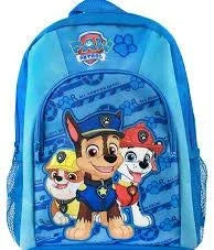 Front view of blue Paw Patrol kids backpack showing large printed characters on front pocket, mesh side pockets, and top handle