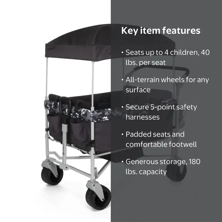 Quad wagon stroller infographic highlighting seating for four children, all-terrain wheels, five-point harnesses, padded seats, and storage