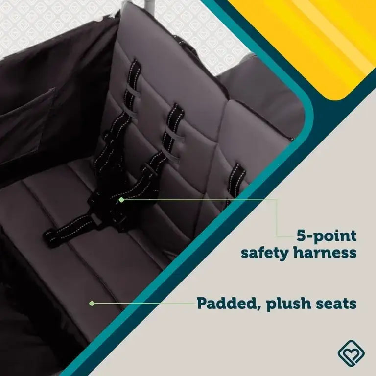 Infographic highlighting a 5-point safety harness and padded, plush seats in the quad wagon stroller