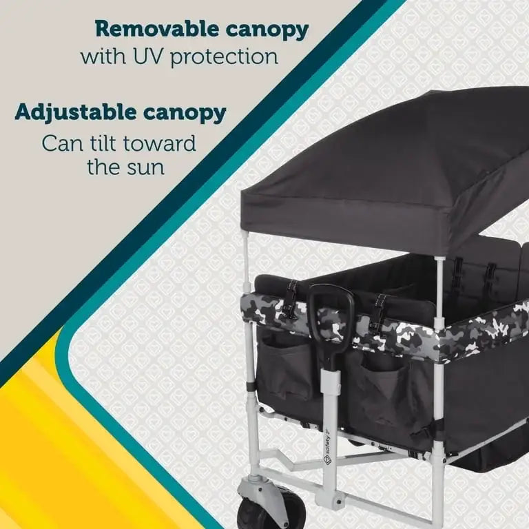 Product feature graphic showing a removable canopy with UV protection that tilts toward the sun