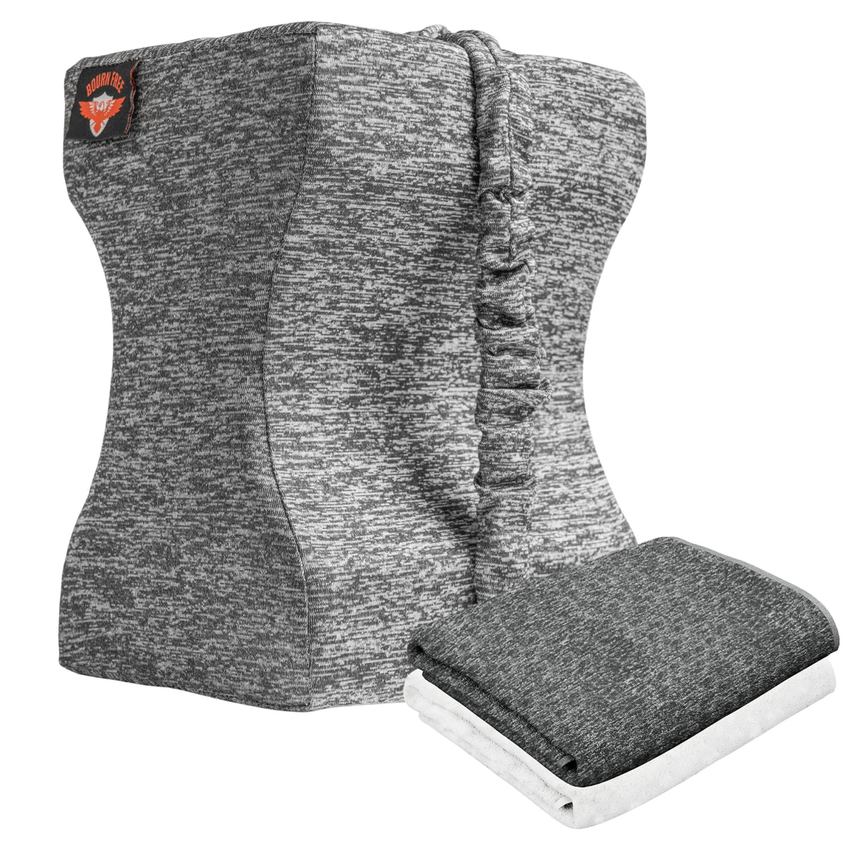 Front view of Bourn Free 3NT knee pillow for side sleepers with contoured gray cover and separate matching cover on white background