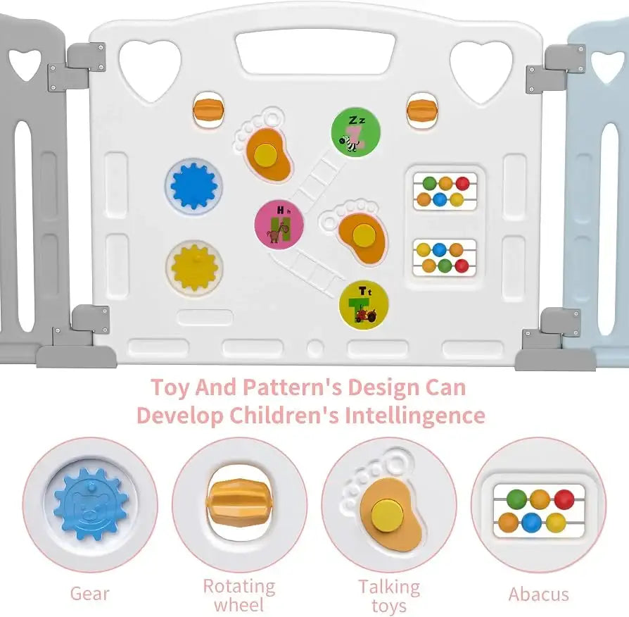Front view of Gupamiga 14 panel playpen activity center with gears, wheel, toys and abacus, promotes child development