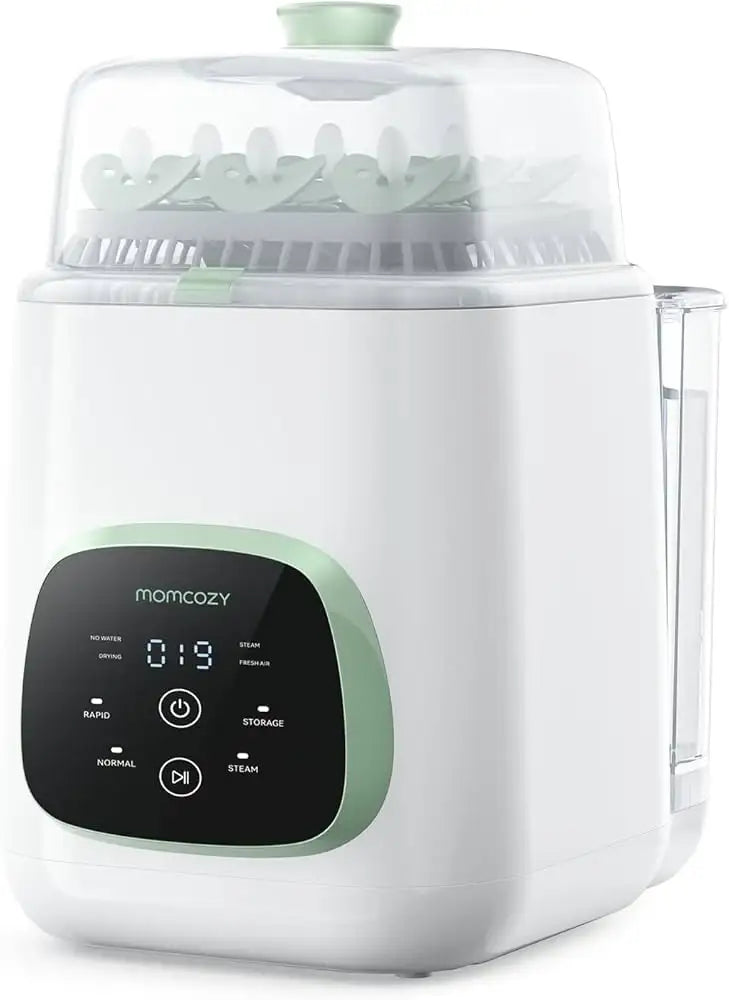 Front view of Momcozy KleanPal Pro baby bottle washer, sterilizer and dryer showcasing transparent lid and digital control panel