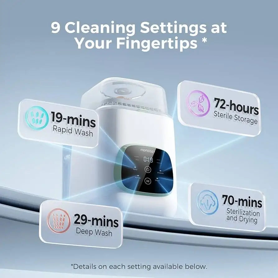 Front view of Momcozy KleanPal Pro baby bottle washer, sterilizer and dryer showing 9 cleaning settings and timed cycles