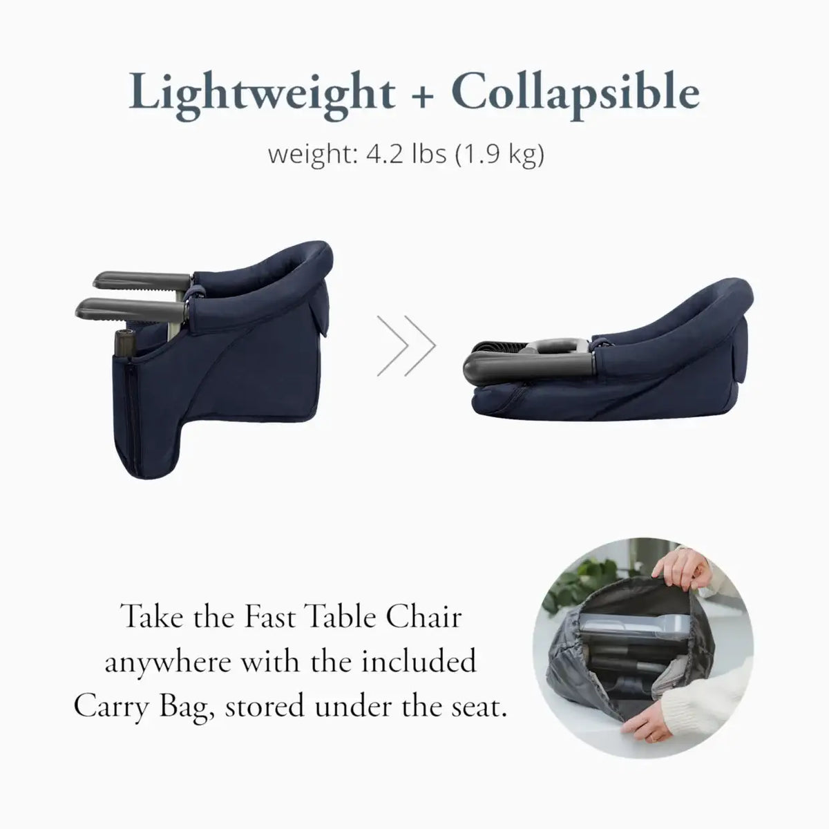 Lightweight, collapsible Inglesina Fast Table Chair weighs 4.2 pounds and fits in the included carry bag