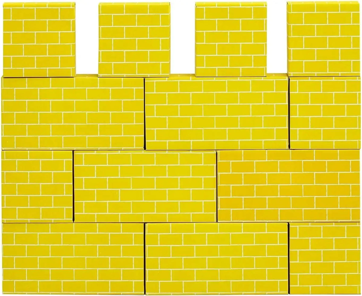 Front view of Bankers Box Heavy Duty Building Blocks, 74 count, showing yellow brick-patterned cardboard pieces on white