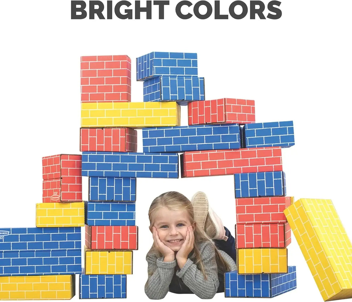 Front view of Bankers Box Heavy Duty Jumbo Cardboard Building Blocks 74ct in bright colors with brick patterns on white