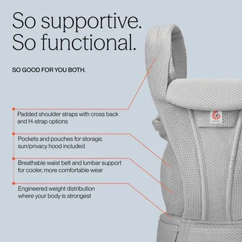 So supportive, so functional carrier feature infographic showing padded straps, storage, lumbar support, and weight distribution