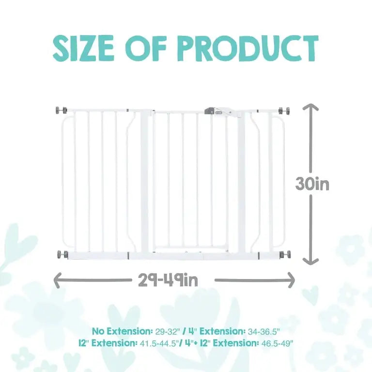 Size infographic showing a white safety gate 30 inches high and adjustable from 29 to 49 inches wide with extensions