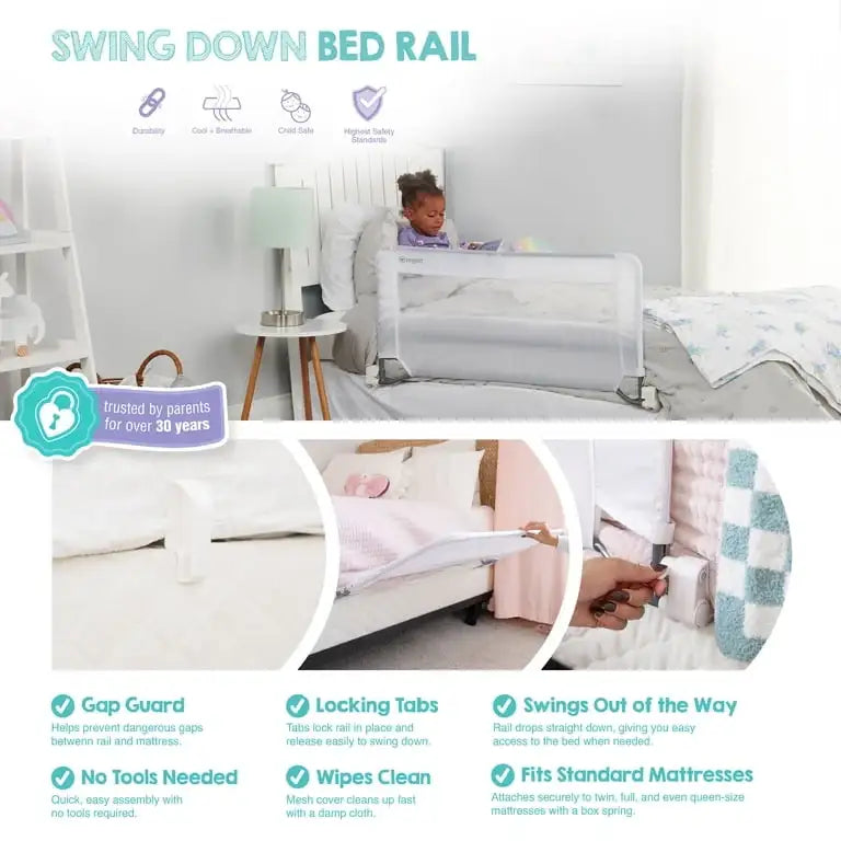Product feature infographic showing a white swing-down bed rail with gap protection, easy release, and tool-free assembly