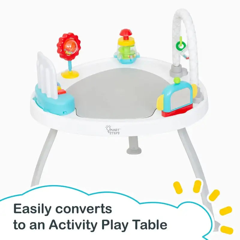 Front view of Smart Steps 3-in-1 Bounce N’ Play Activity Center, Tike Hike, with text Easily converts to an Activity Play Table