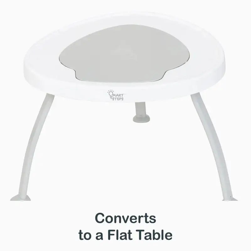 Front view of Smarts Steps 3-in-1 Bounce N Play Activity Center, Tike Hike showing conversion to a flat table on a white background