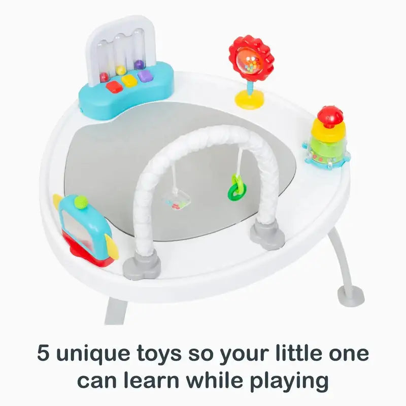 Three-quarter view of Smarts Steps 3-in-1 Bounce N’ Play Activity Center with five toys to learn while playing