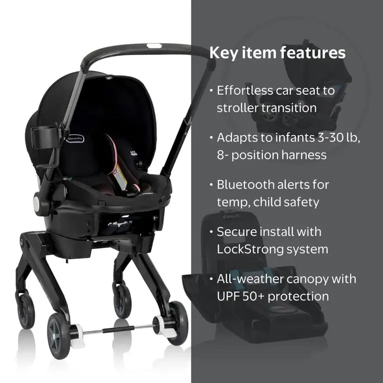 Key features of the Evenflo Shyft DualRide Ayer Pink car seat stroller, including transition, Bluetooth alerts, and UPF 50 plus canopy
