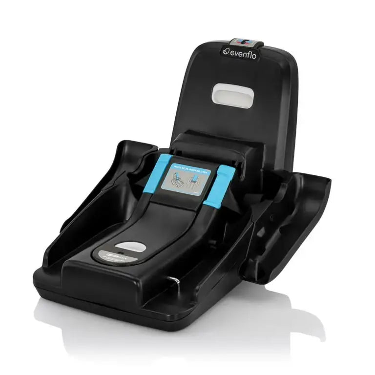 Three-quarter view of Evenflo Shyft DualRide infant car seat base showcasing black shell and blue accents on a white background