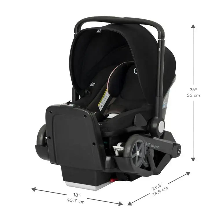 Three quarter view of Evenflo Shyft DualRide infant car seat stroller in Ayer Pink with 26, 18, and 29.5 inch measurements