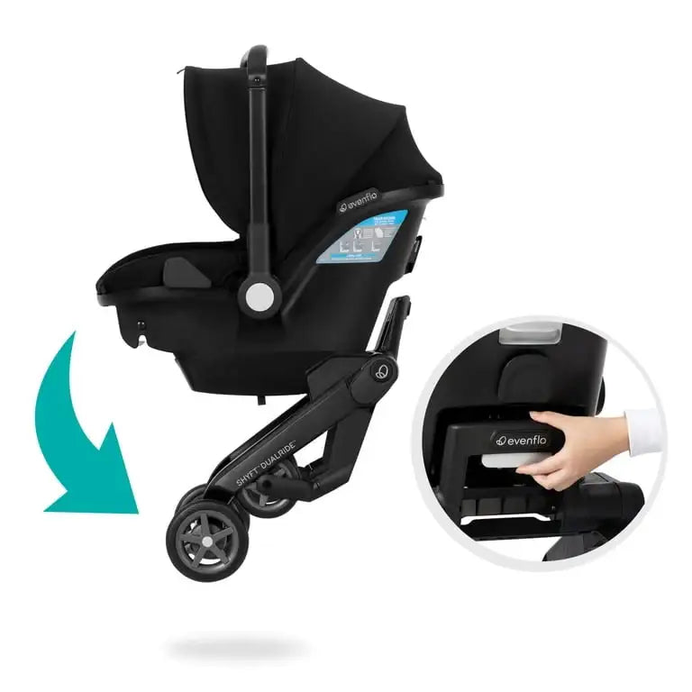 Side view of Evenflo Shyft DualRide infant car seat and stroller travel system showing release handle