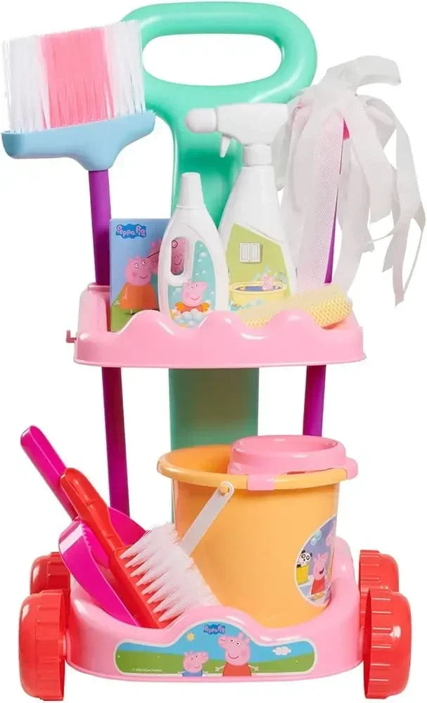 Front view of Just Play Peppa Pig cleaning trolley showcasing broom, mop, bucket and Peppa Pig stickers on white background