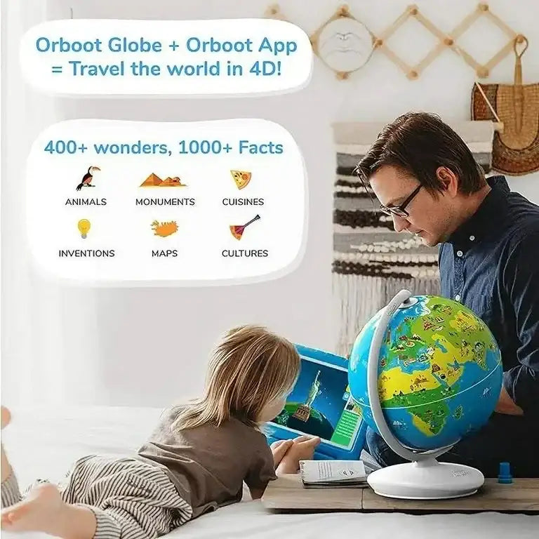 Adult and child using Orboot AR globe with tablet; overlay reads Orboot Globe and Orboot App: Travel the world in 4D