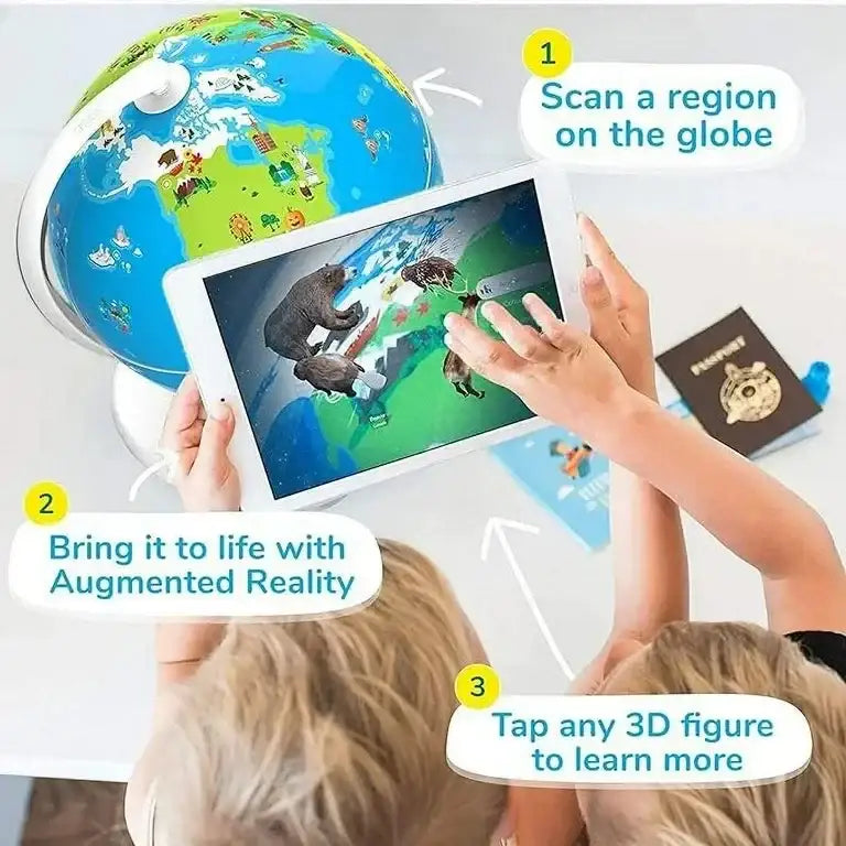 Children scan a PlayShifu Orboot globe with a tablet to view AR animals; overlay reads ‘Scan a region on the globe’