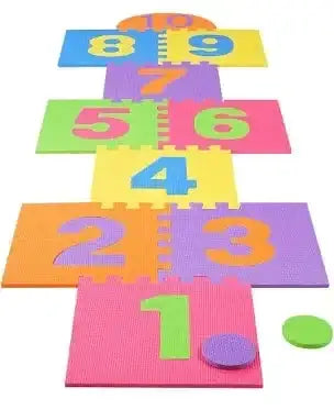 Top-down view of Lakeshore heavy-duty hopscotch puzzle mats showcasing interlocking foam squares numbered 1 to 10 and two round foam markers on white background