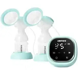 Front view of Zomee Z2 double electric breast pump showcasing dual flanges, bottles, and digital controller on white background