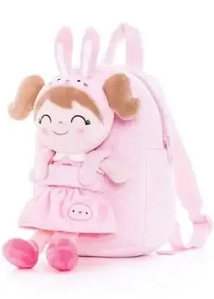 Front view of Gloveleya pink rabbit plush backpack with attached smiling doll, front pocket, adjustable straps on white