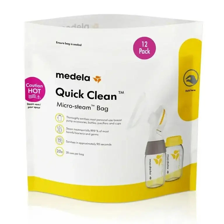 Front view of Medela Quick Clean Micro-steam 12-pack bag showing logo and pictured baby bottles on white background