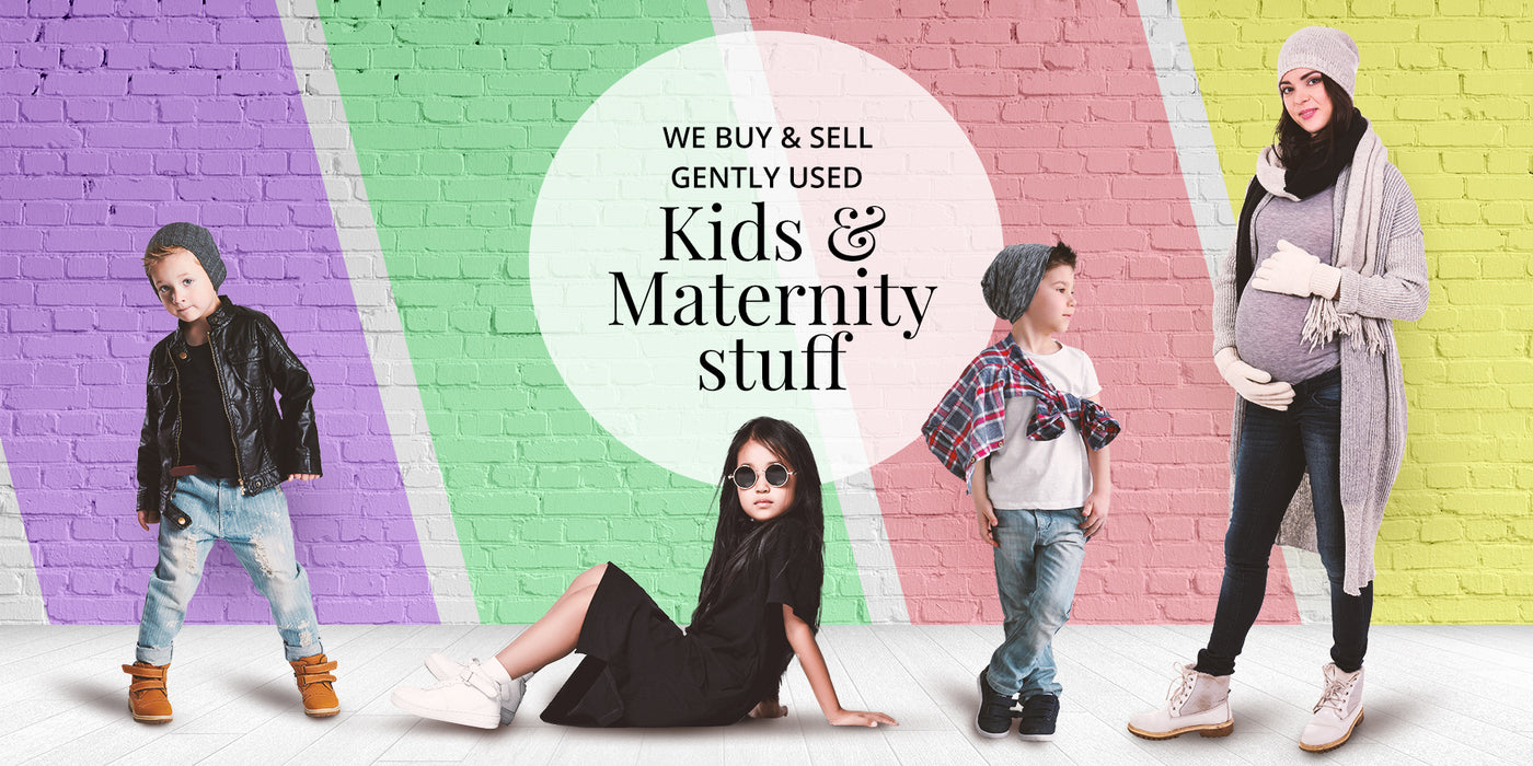 Children and a pregnant woman in front of a colorful brick wall with text about buying and selling gently used kids and maternity stuff.