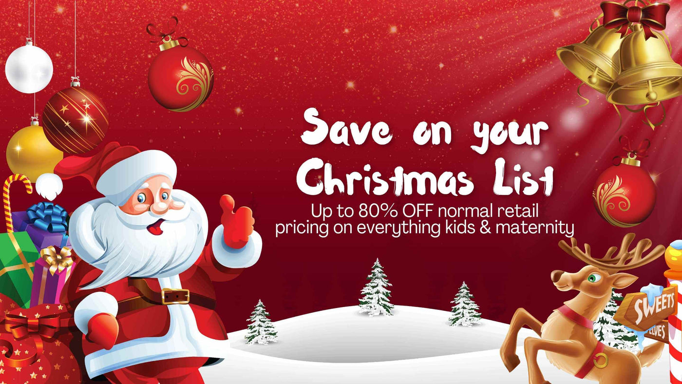Promotional Christmas banner with Santa Claus, reindeer, and ornaments on a red background.