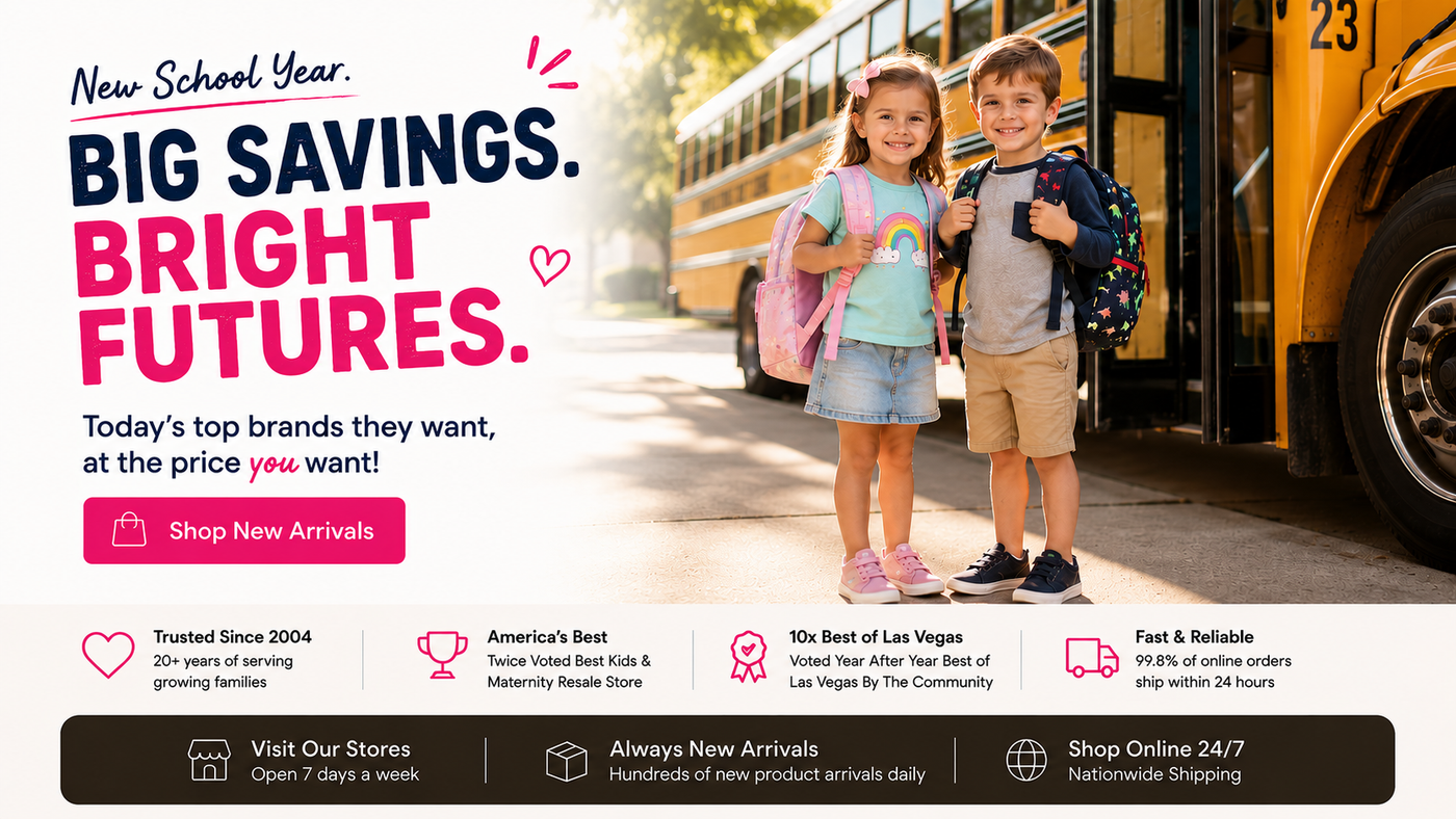 A promotional flyer for a school-supplies store featuring a young boy and girl standing in front of a yellow school bus. The flyer includes text like 'New School Year.