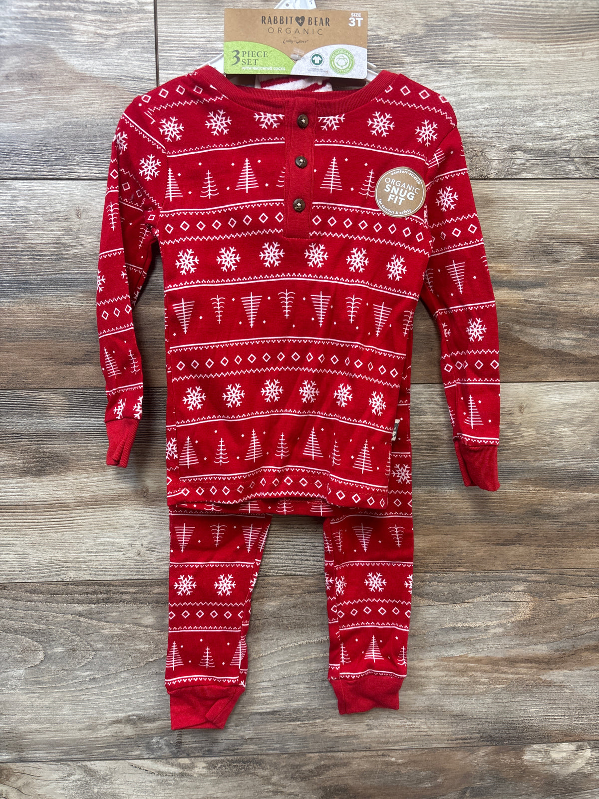 NEW Rabbit + Bear Organic 3pc Christmas Pajama Set Red sz 3T
