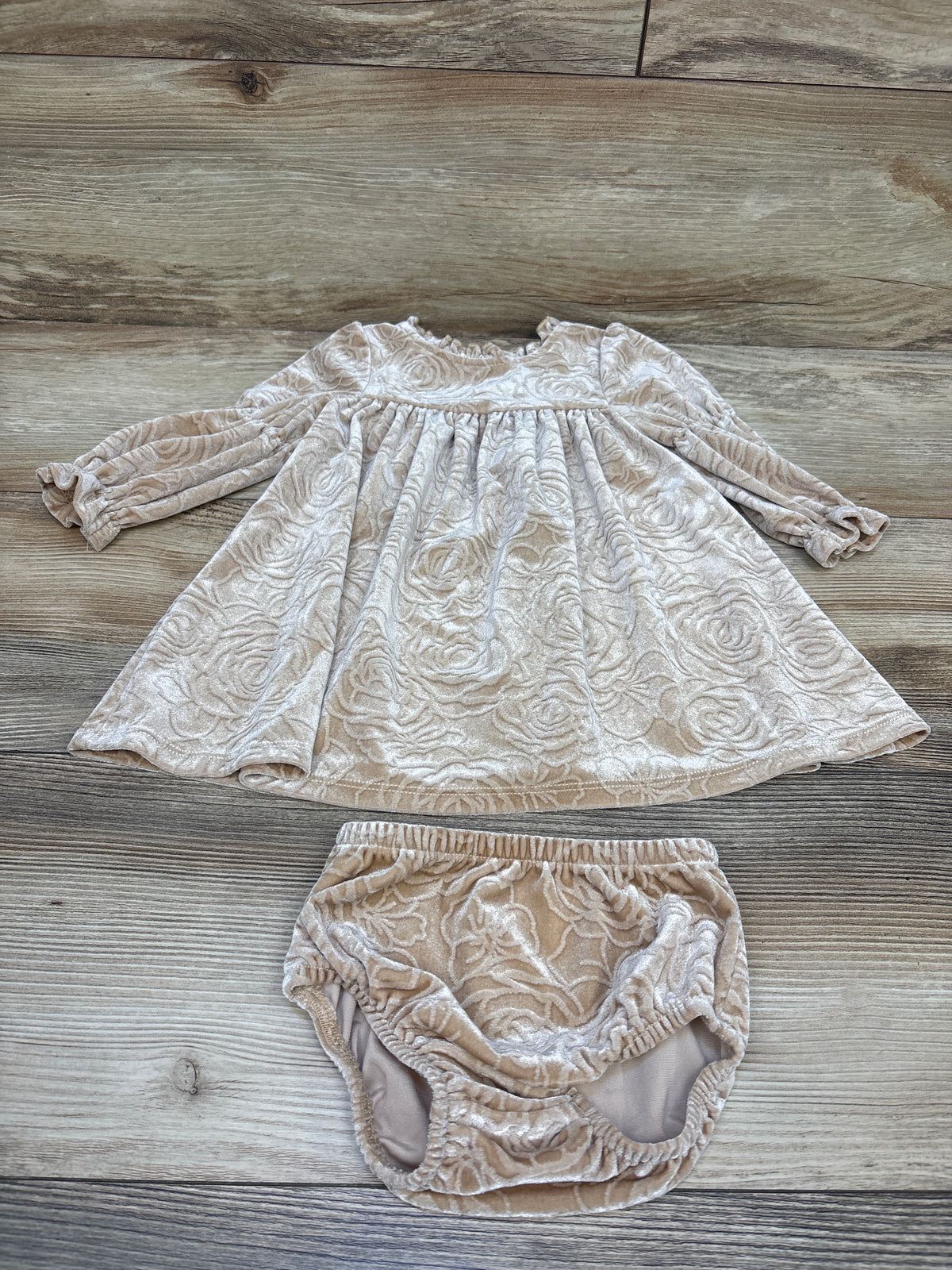 Bonnie Baby 2pc Floral Velvet Dress & Bloomers Set Tan sz 6-9m