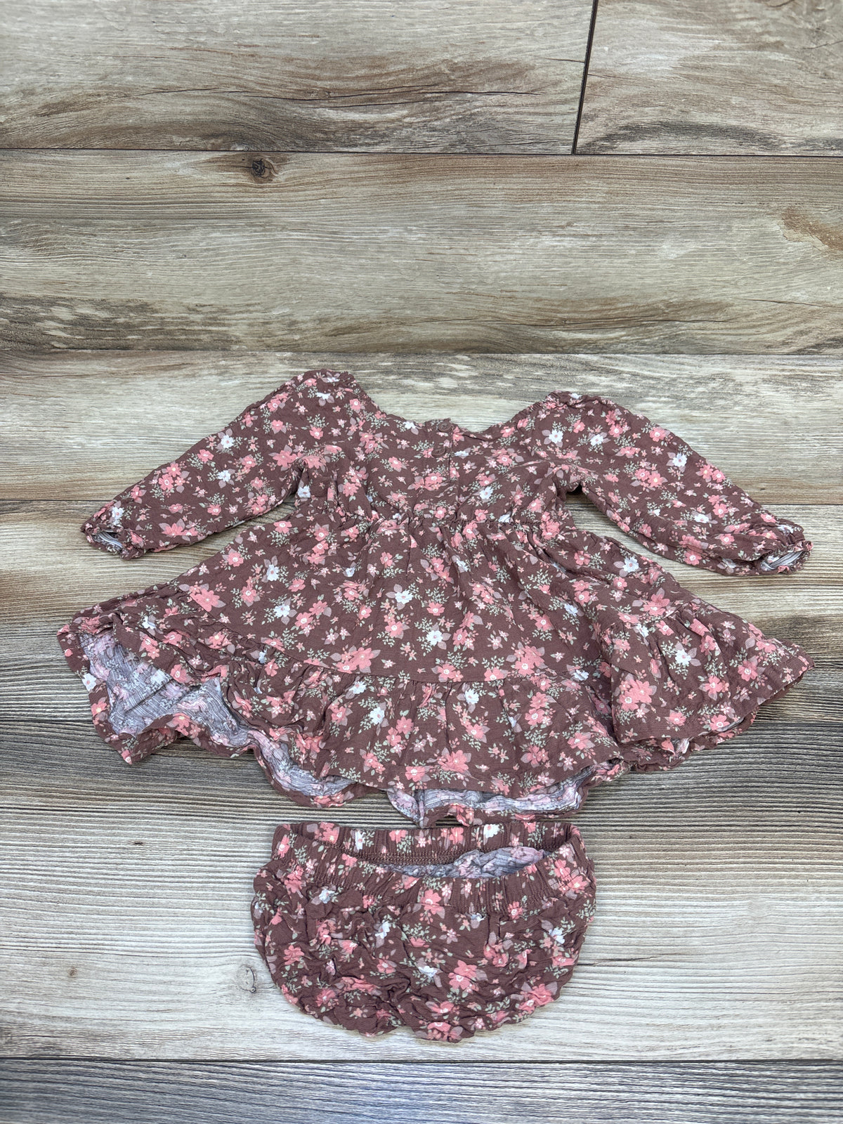 Little Lass 2pc Floral Gauze Long Sleeve Dress & Bloomers Brown sz 12m