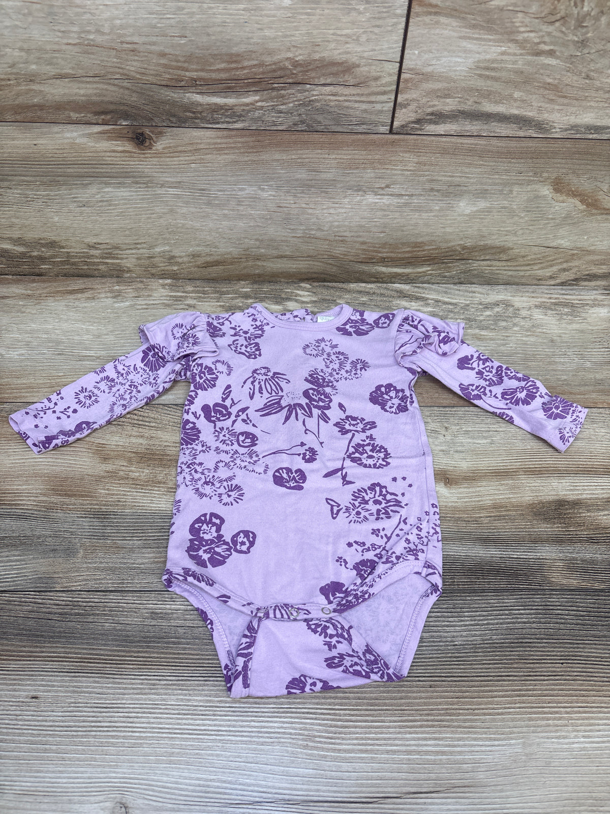Kate Quinn Bamboo Long Sleeve Ruffle Bodysuit in Amethyst Scatter Floral sz 6-12m