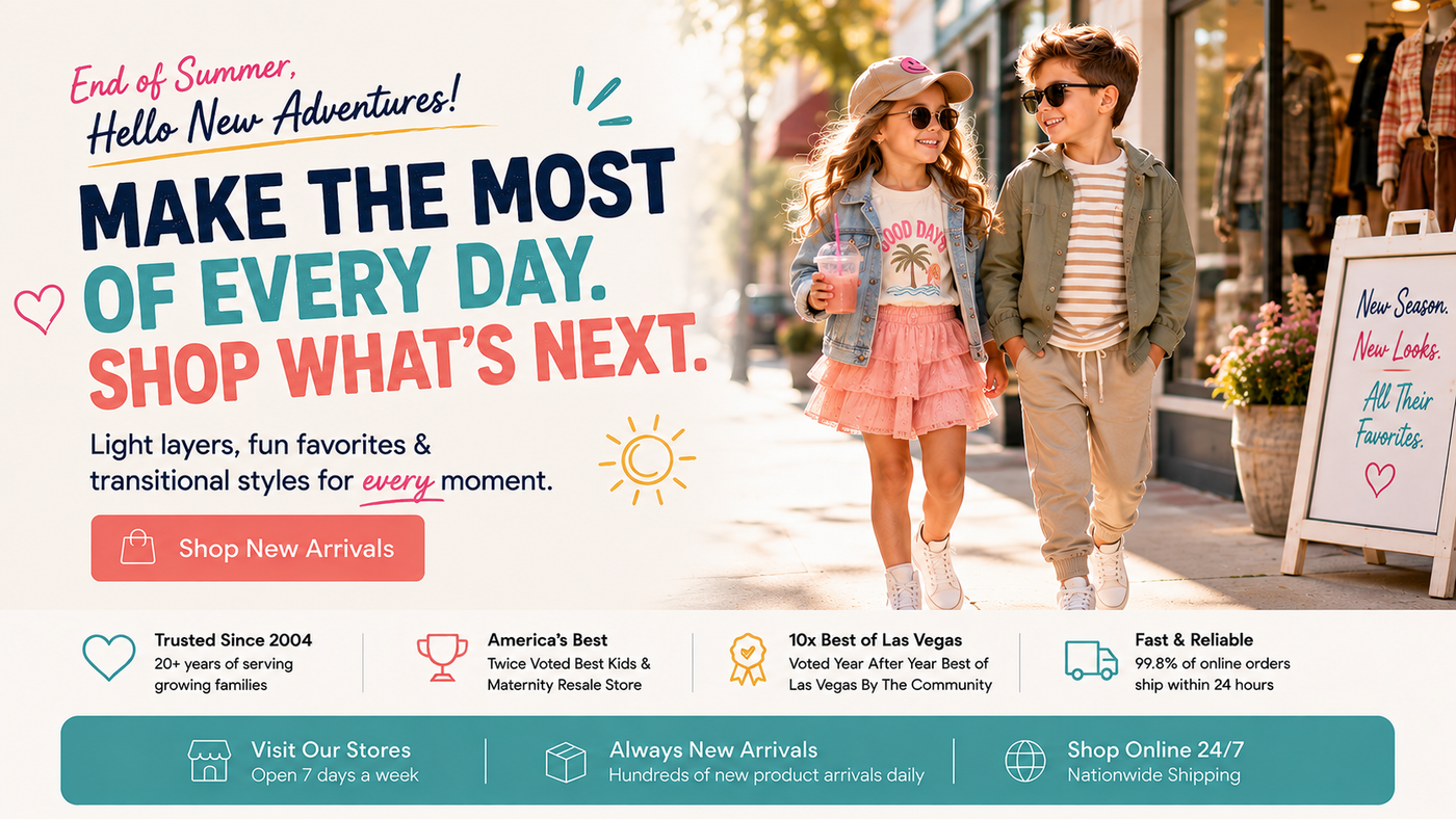 A promotional banner for a retail shopping app or service, featuring a young boy and girl walking hand-in-hand down a sunny street. The left side contains bold promotional text reading 'MAKE THE MOST OF EVERY DAY.