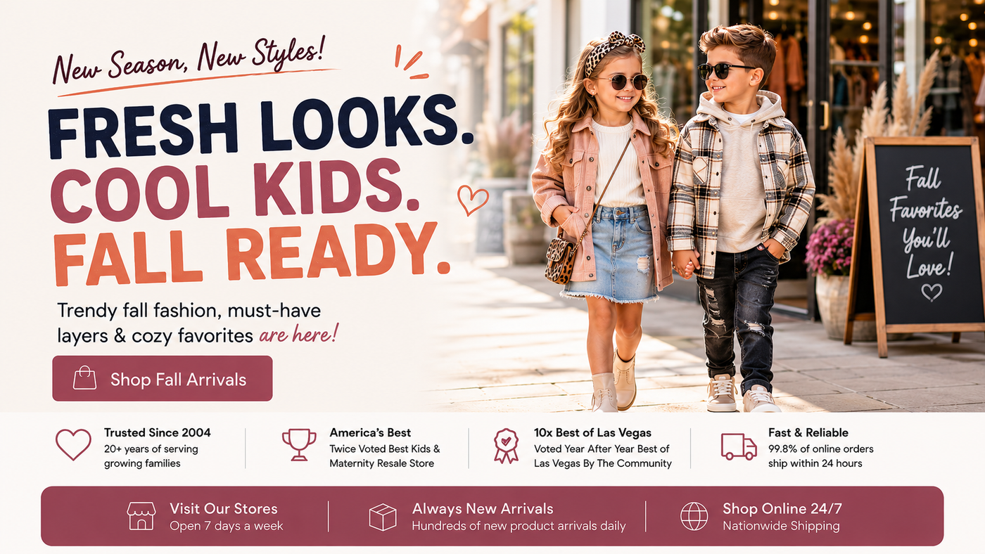 A promotional banner for fall fashion featuring a young boy and girl walking hand-in-hand down a city street. The boy wears a brown and black plaid hoodie, a light gray puffer jacket, a beige shirt, and denim jeans, while the girl wears a beige jacket, a white shirt, and denim jeans.