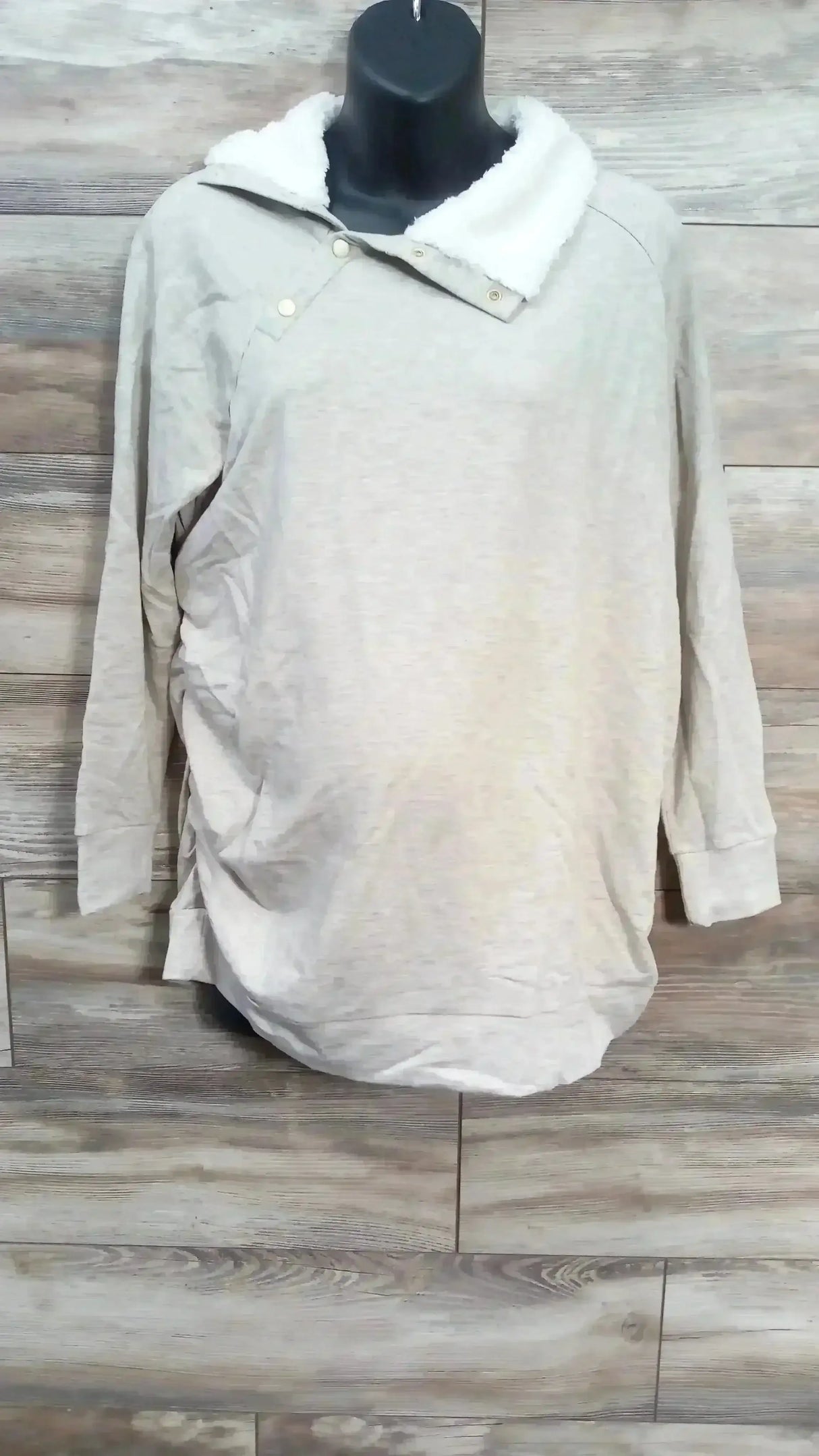 Front view of Isabel maternity oatmeal sweatshirt size XL showing snap sherpa collar and long sleeves on white background