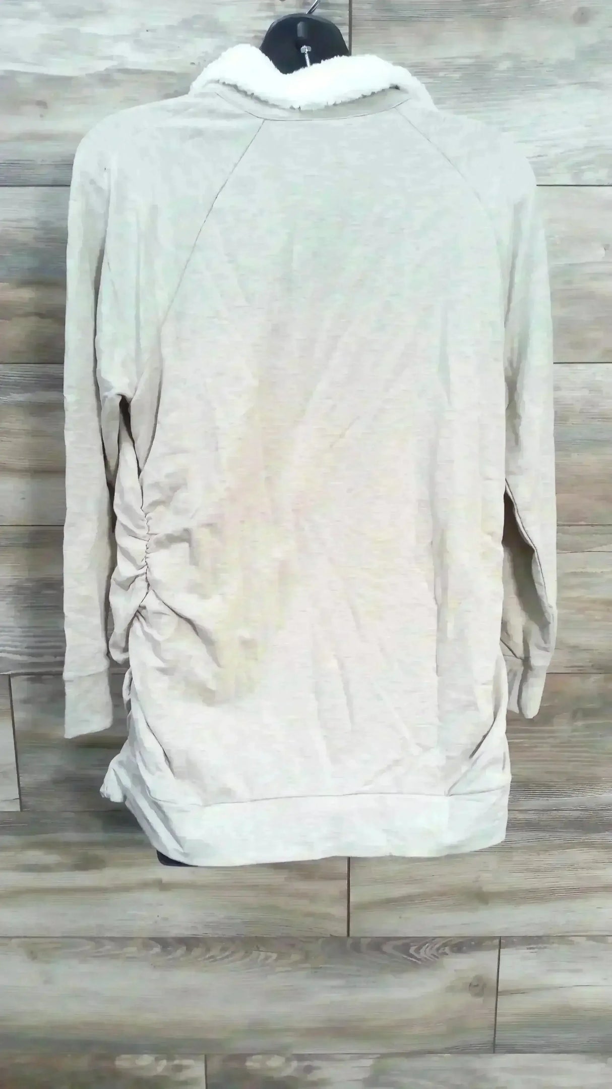 Front view of Isabel maternity oatmeal sweatshirt showing sherpa snap collar, long sleeves, relaxed maternity fit on white background