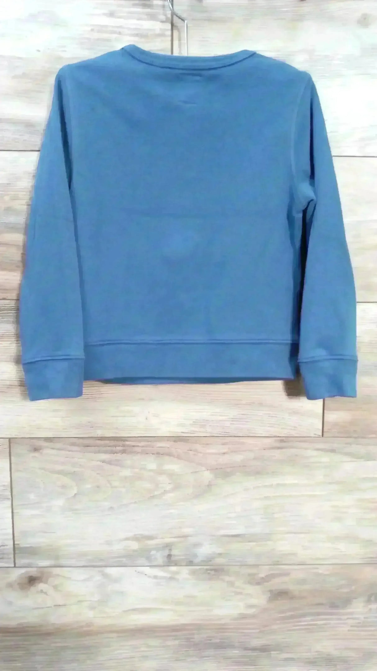 Back view of Baby Gap Shark Pocket Sweatshirt size 5T showcasing solid blue fabric, crewneck, long sleeves, and ribbed cuffs on light wood background